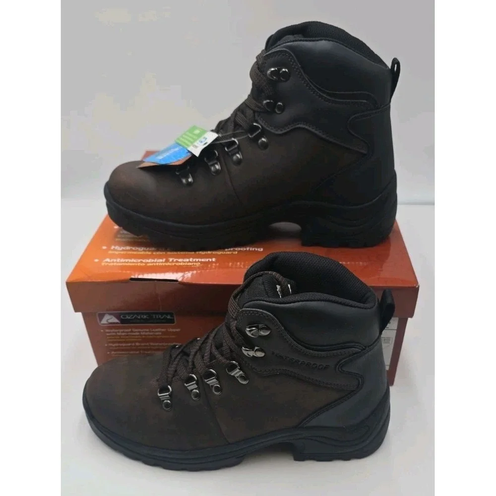 Ozark Trail Bandy Men's Hiking Boots Size 7.5 Dark Brown Leather Waterproof